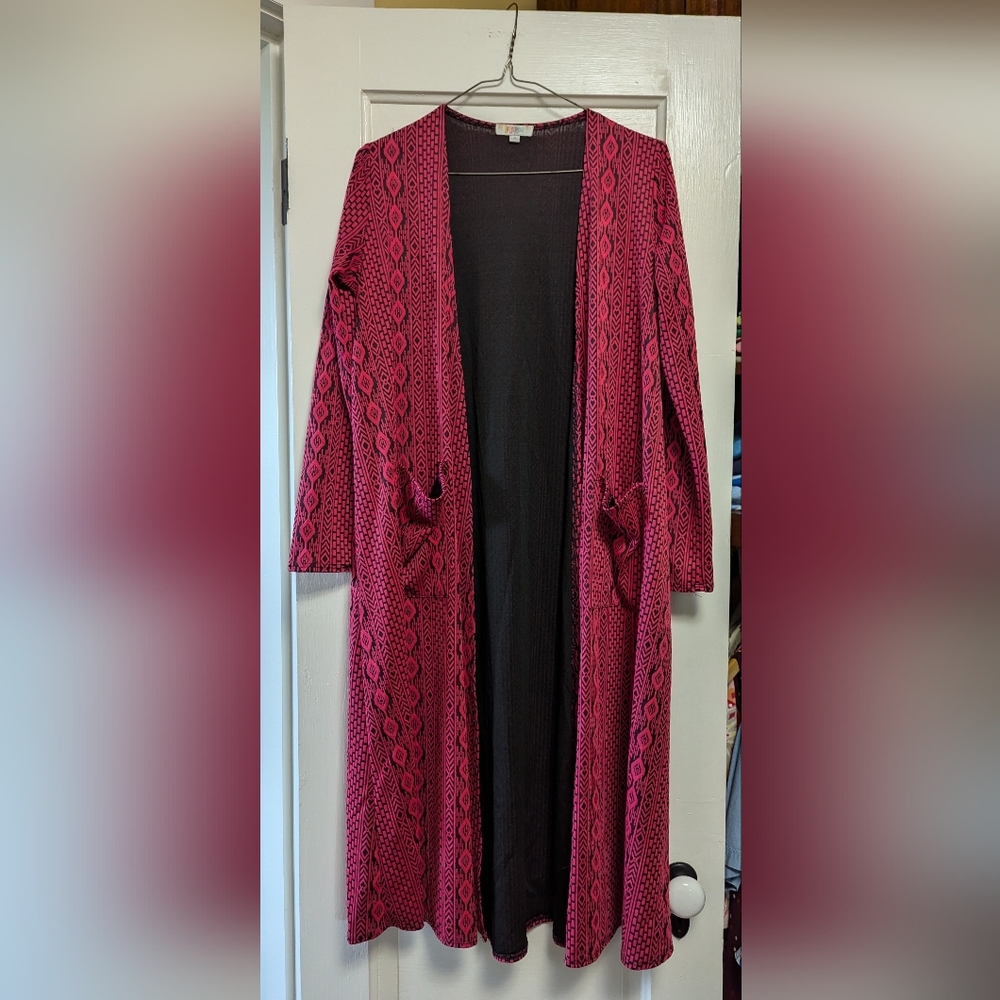 LuLaRoe "Sarah" cardigan/duster, small, pink and black Geometric pattern